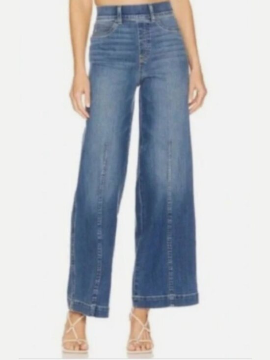 SPANX Denim - Spanx Wide Leg Pull On Shaping Blue Jeans L High Rise Relaxed Fit Slimming Denim